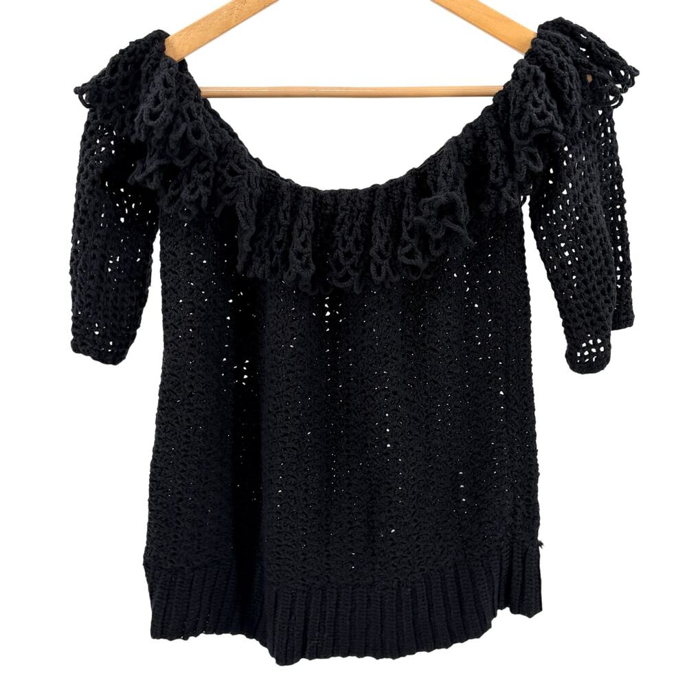 Vintage Y2K Black Off Shoulder Ruffle Open Knit Sweater Top